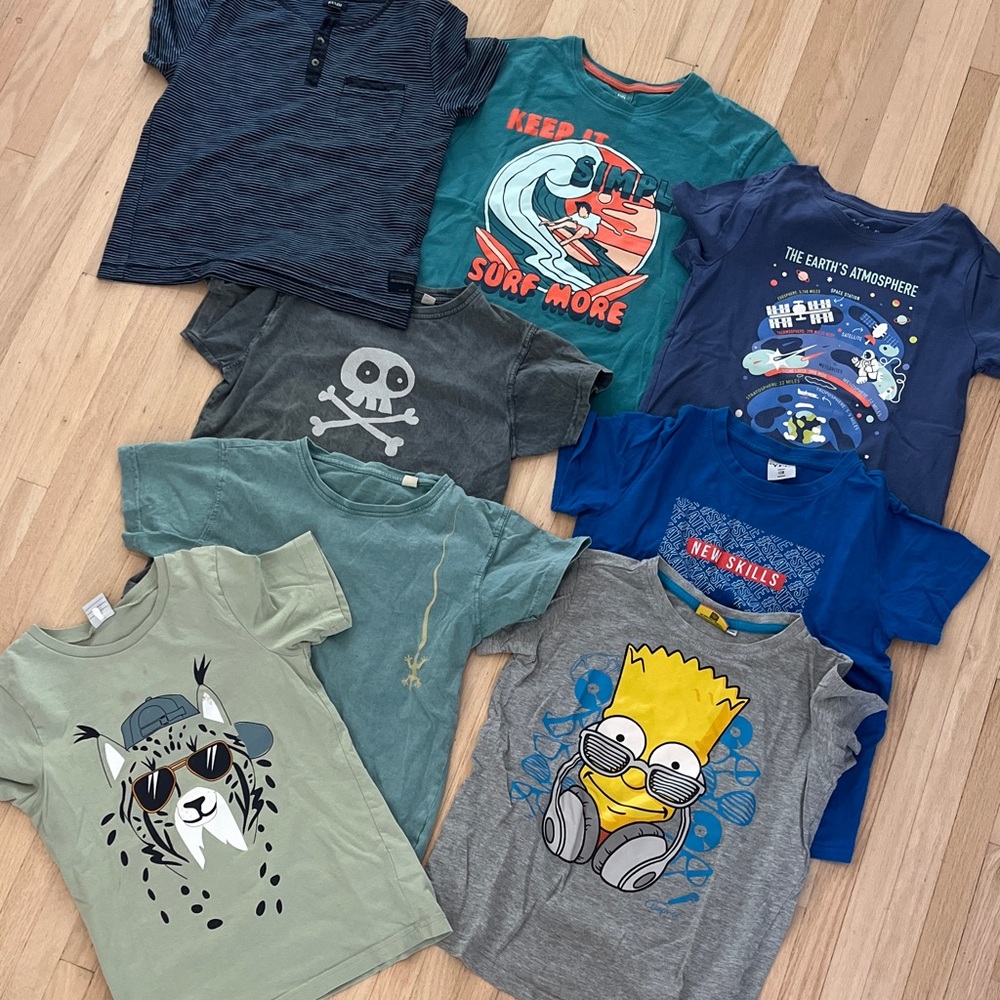 Blue, Green and Gray Kids Graphic T-Shirts, Set of 8, Size 7